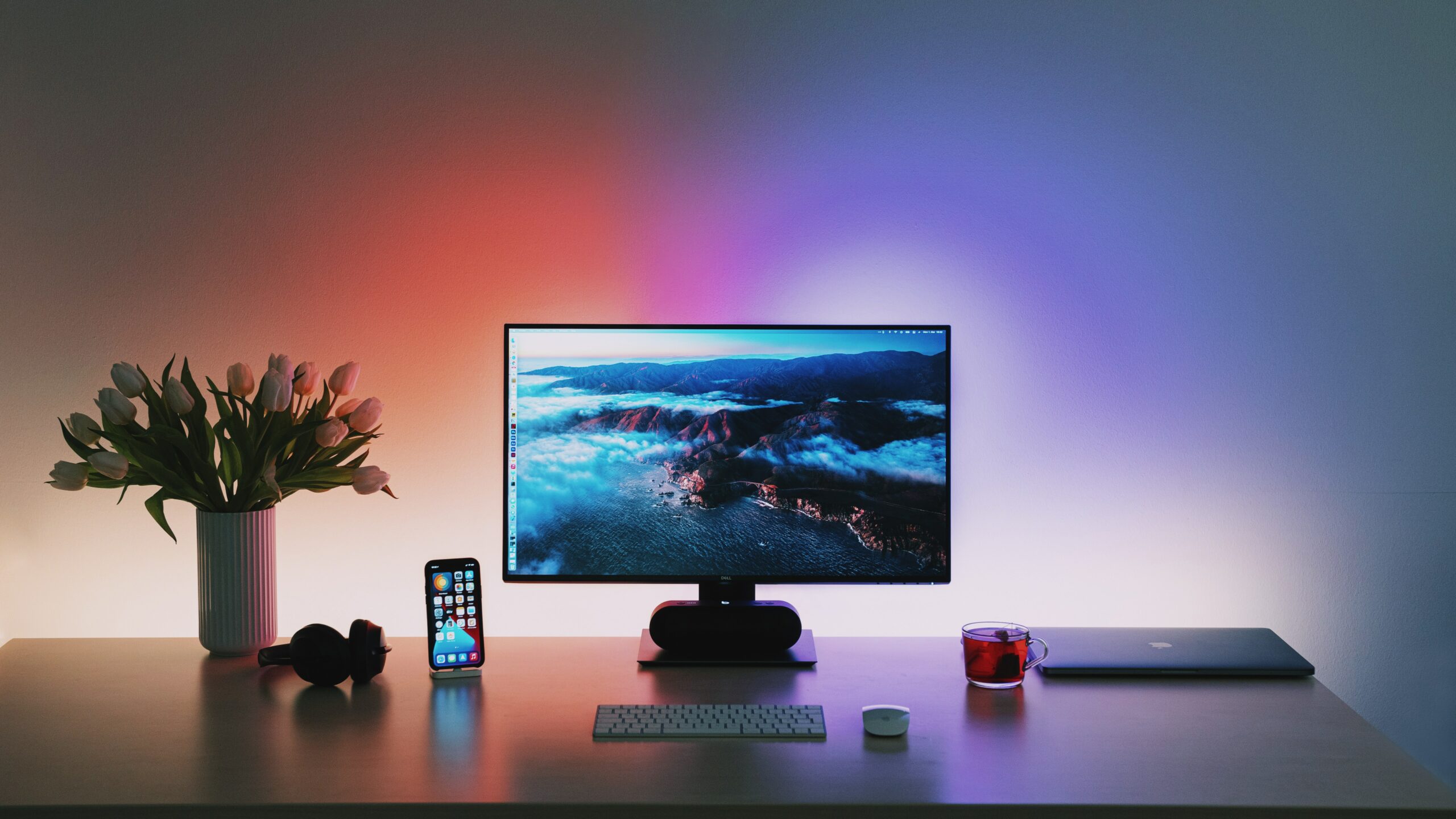 Personal Computer Desktop with red and blue backlight with other gadgets