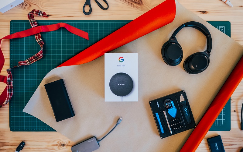 gadgets and tech in a wrapping table for tech gift guide